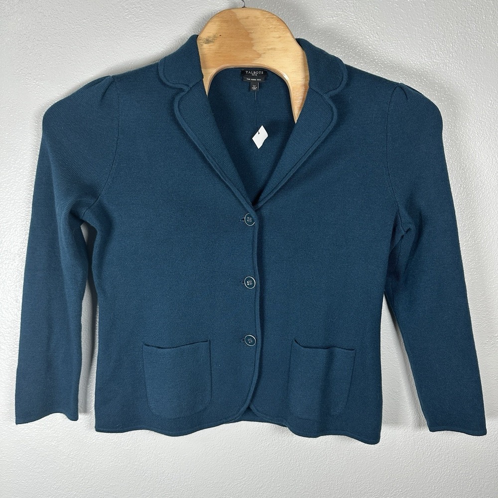 NEW Talbots Pure Merino Wool Blazer Cardigan Size Large Petite Teal Button Front